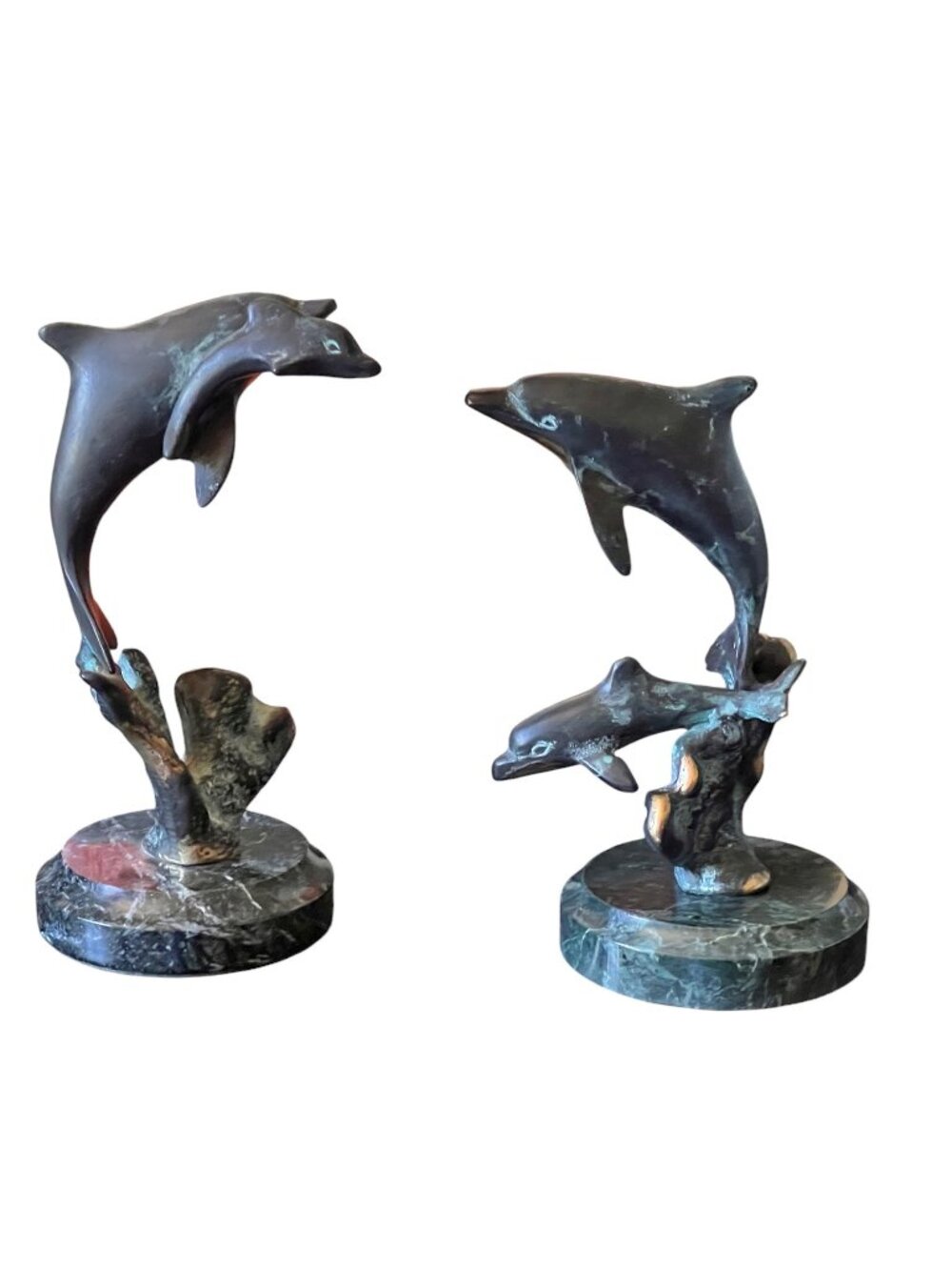Two Brass Dolphin Sculptures With Verdigris Patina On Marble Base 6" & 6.5" T